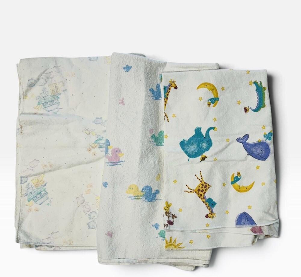 Vintage Baby Blanket Lot of 3 Cotton Flannel Noah’s Ark Safari Animals Duck Sun